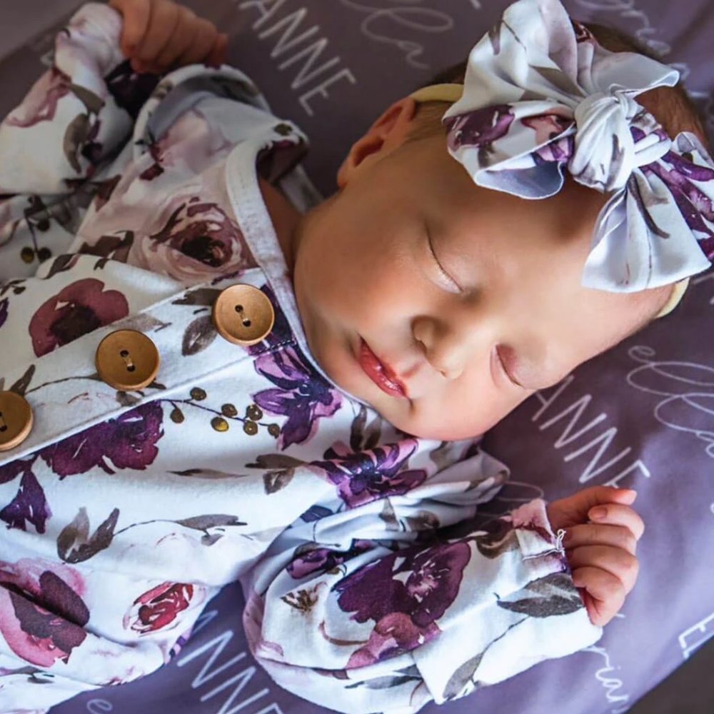 Caden Lane Dusty Purple Floral Newborn Baby Knot Gown & Hat & Headband Set